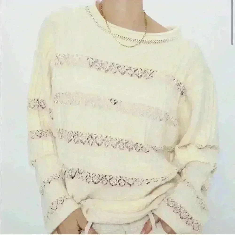 Zara Boho Contrast Lace Pointelle Cream Sweater sz small